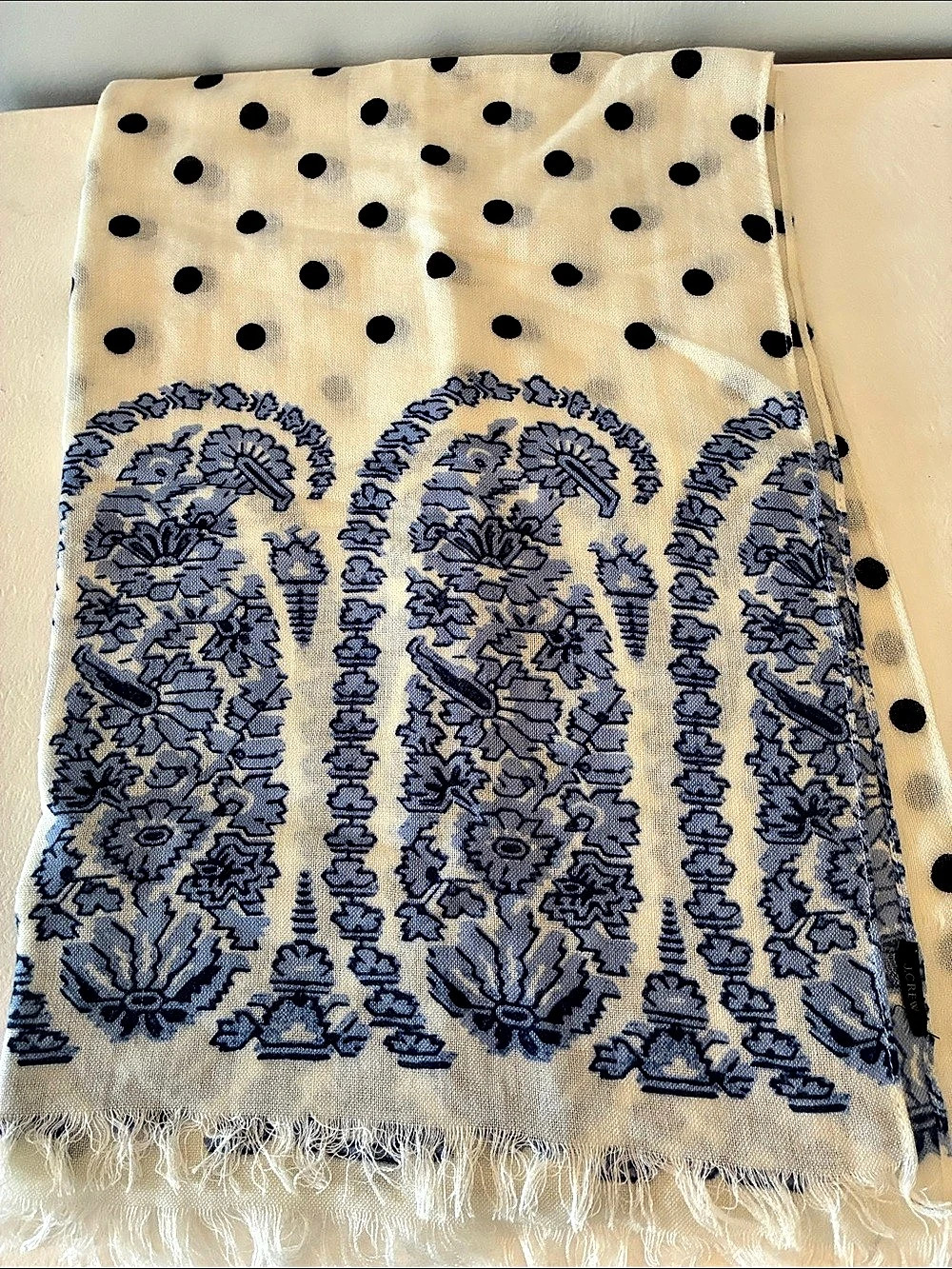 J.CREW Paisley Polka Dot Scarf in Cream & Blue Like New